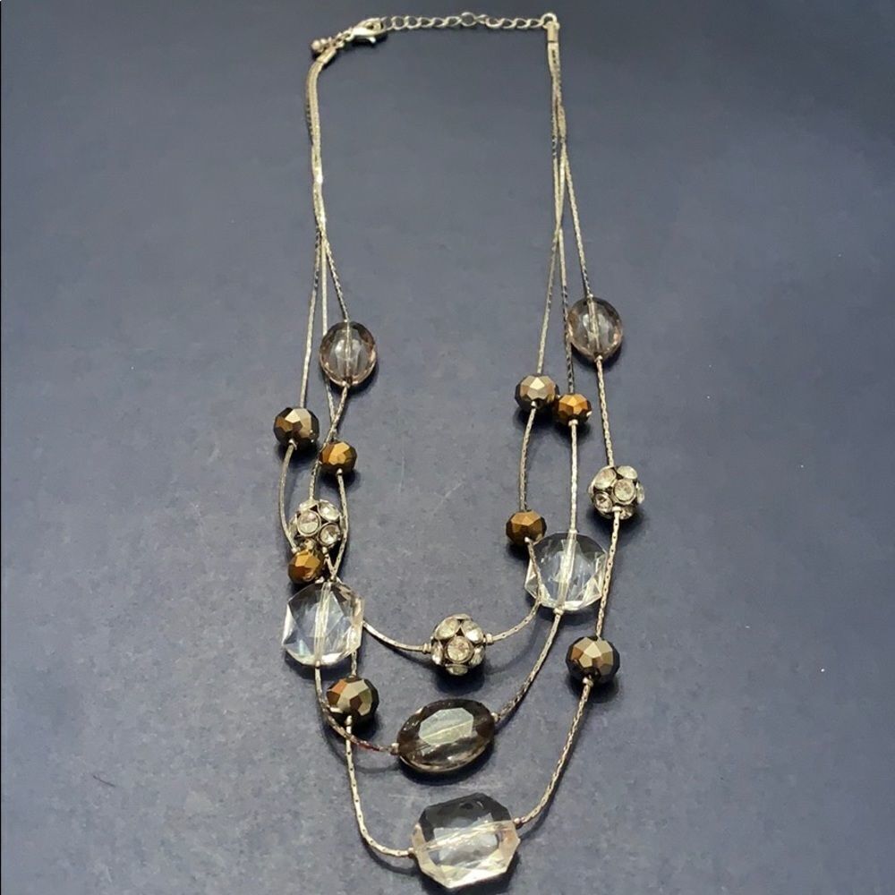Three Strand Silver, Bronze, and Crystal Necklace